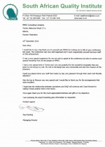 Благодарственное письмо от South African Quality Institute
