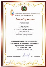 Благодарность от Департамента по социально-экономическому развитию села Томской области